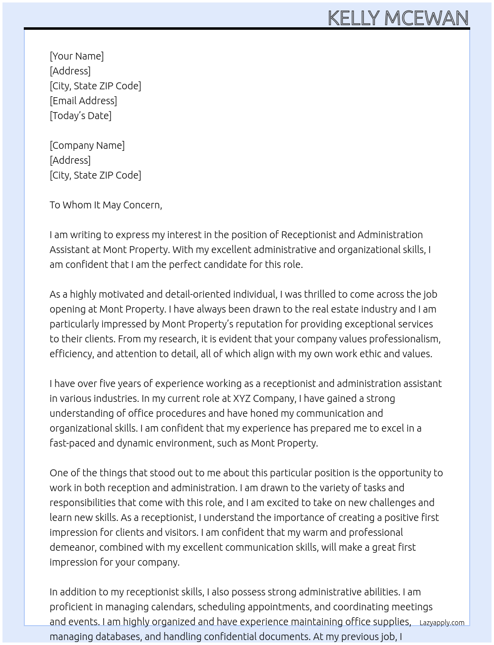 Receptionist and Administration Assistant  At Mont Property Cover Letter