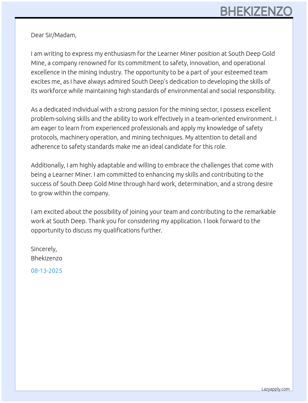 Leaner Miner At South Deep Gold Mine Cover Letter