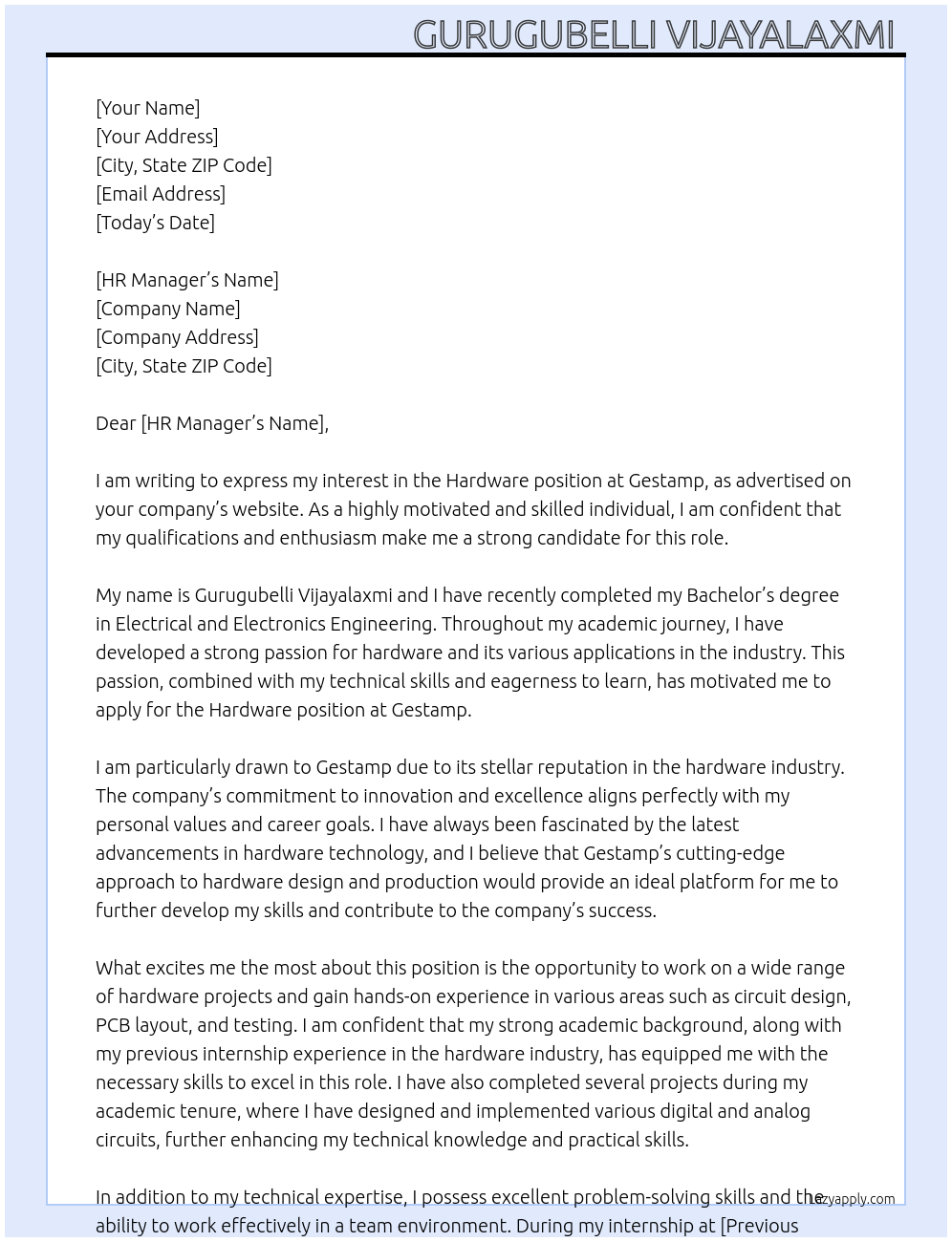 Hardware  At Gestamp Cover Letter