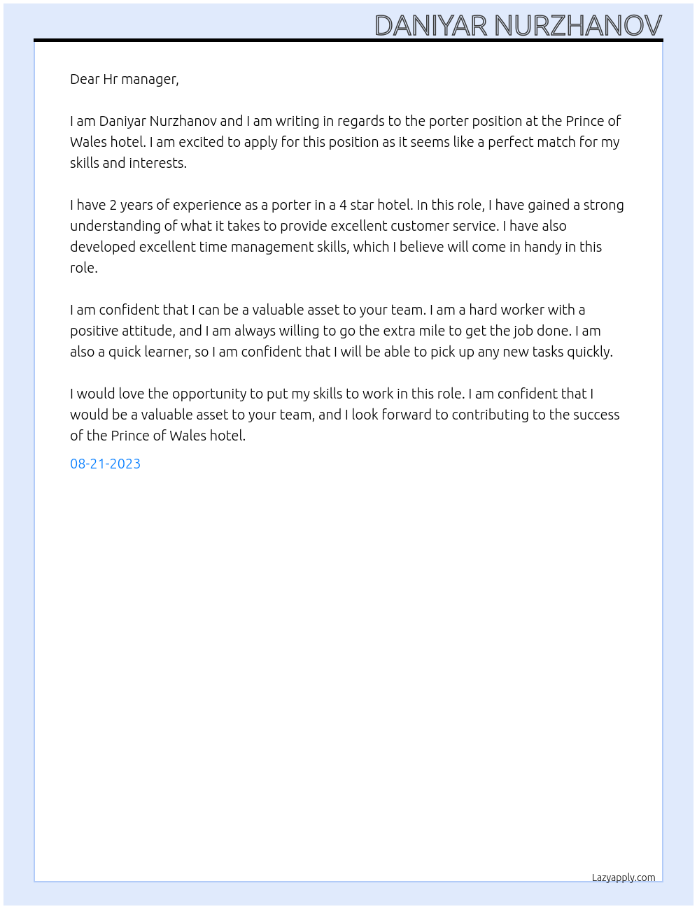 Porter At Prince of Wales hotel  Cover Letter