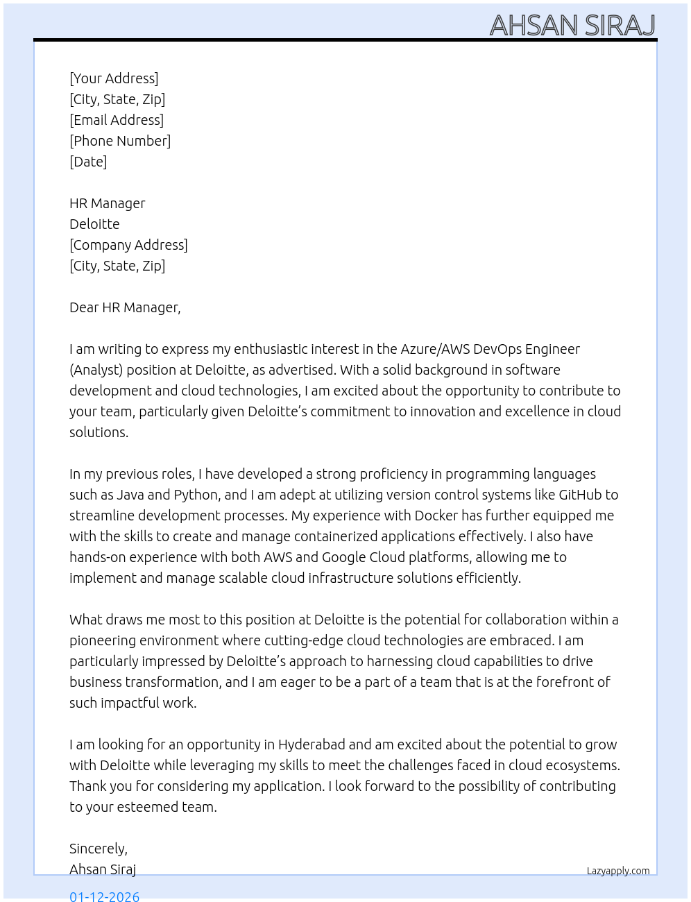 Azure/AWS DevOps Engineer (Analyst)  At Delloite Cover Letter