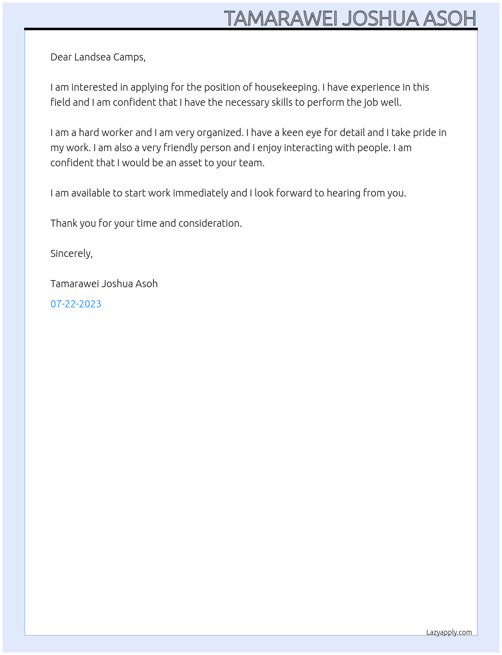 Housekeeping At Landsea camps Cover Letter