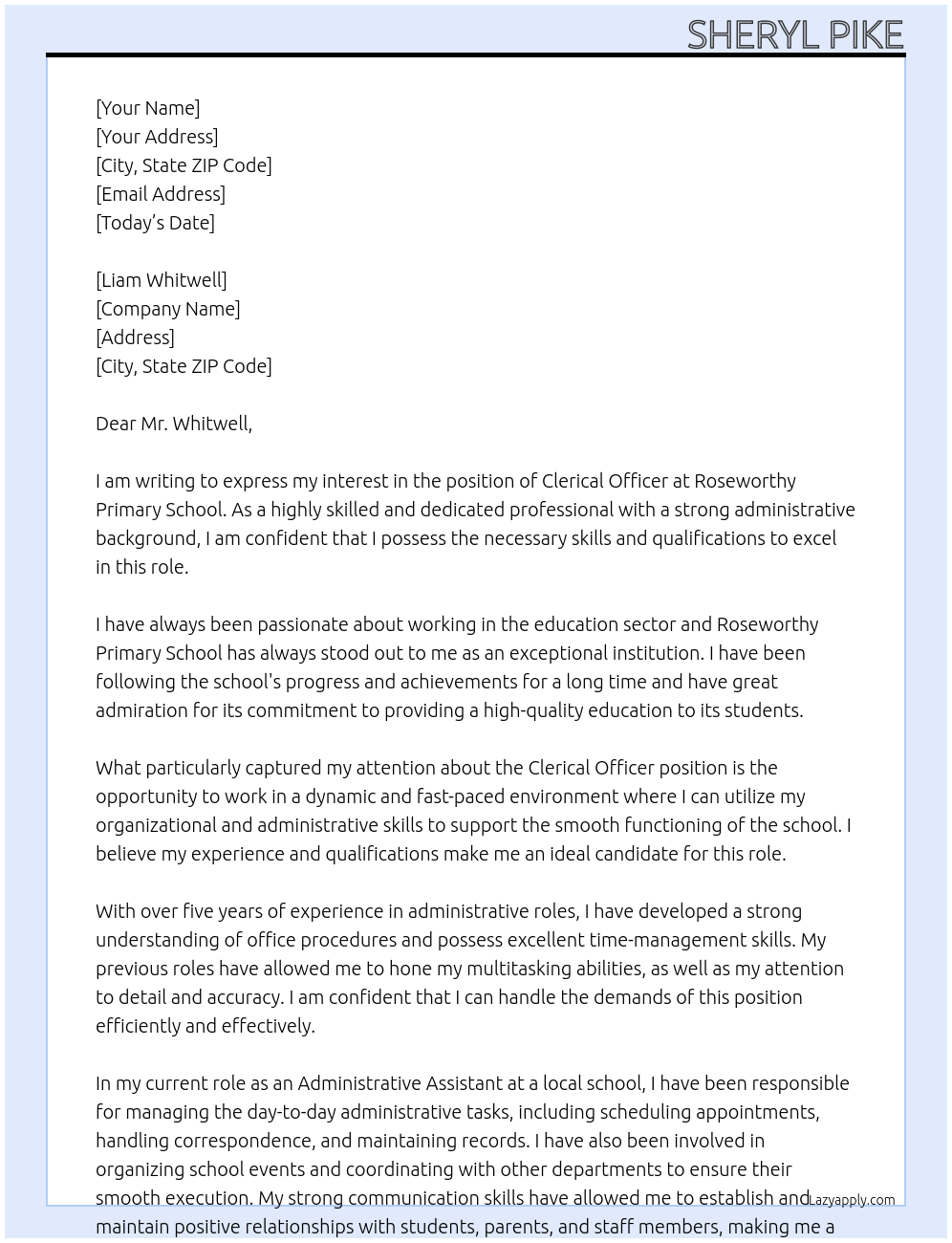 Clerical Officer At Roseworthy Primary Schoool Cover Letter