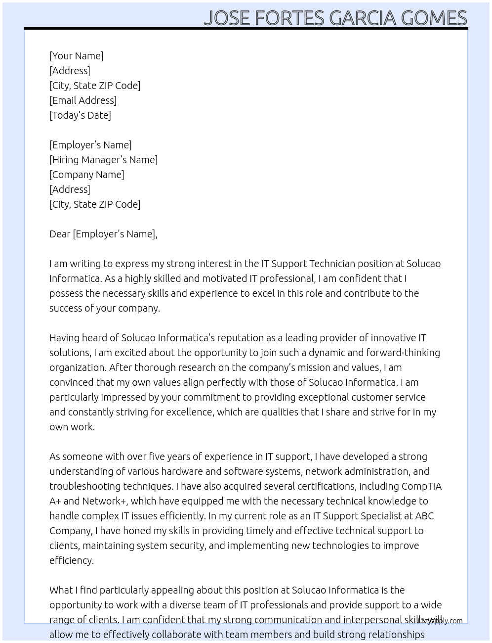 IT Support Technician At solucao informatica Cover Letter