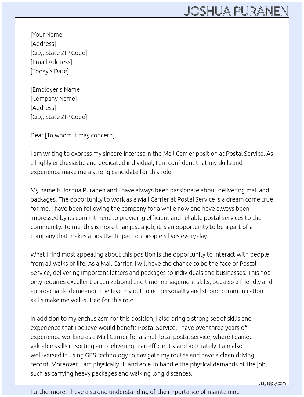 Mail Carrier  At Postal Service  Cover Letter