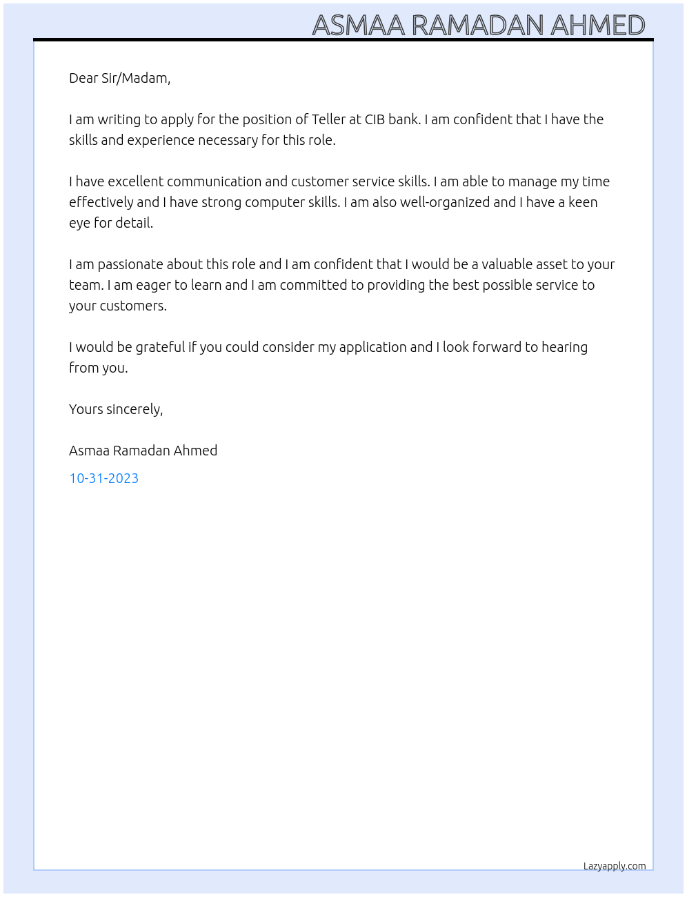 Teller At CIB bank Cover Letter