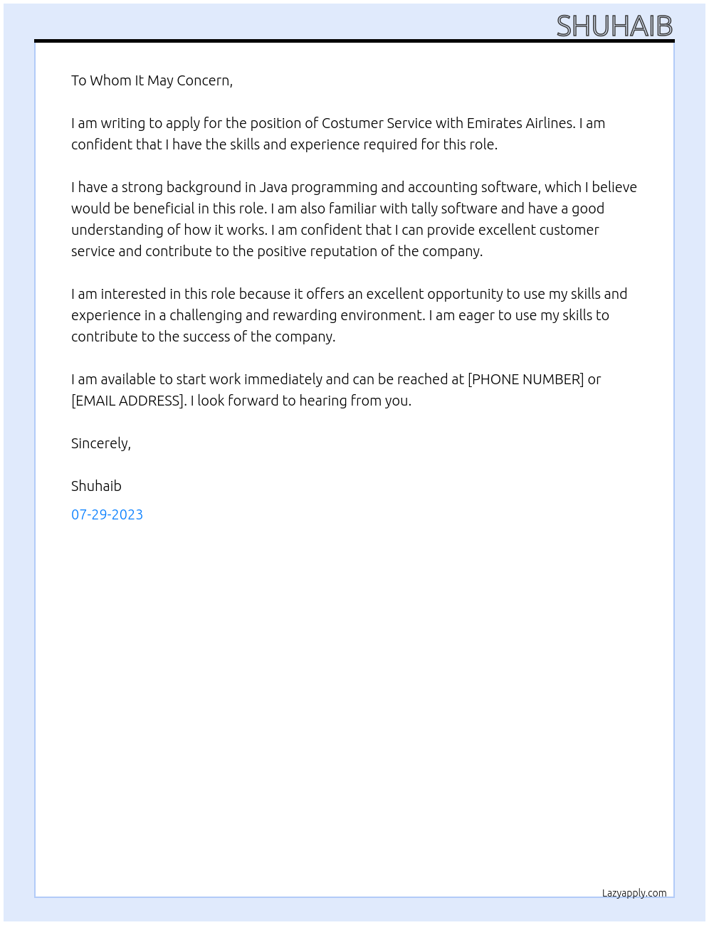 COSTUMER SERVICE At EMIRATES Cover Letter