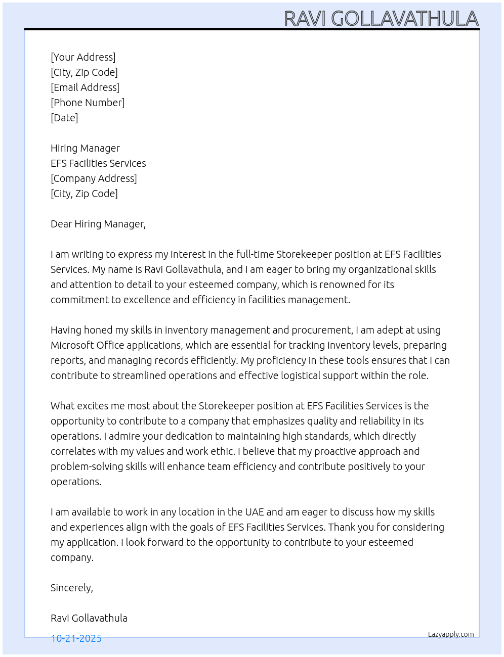 Storekeeper At EFS Facilities Services  Cover Letter