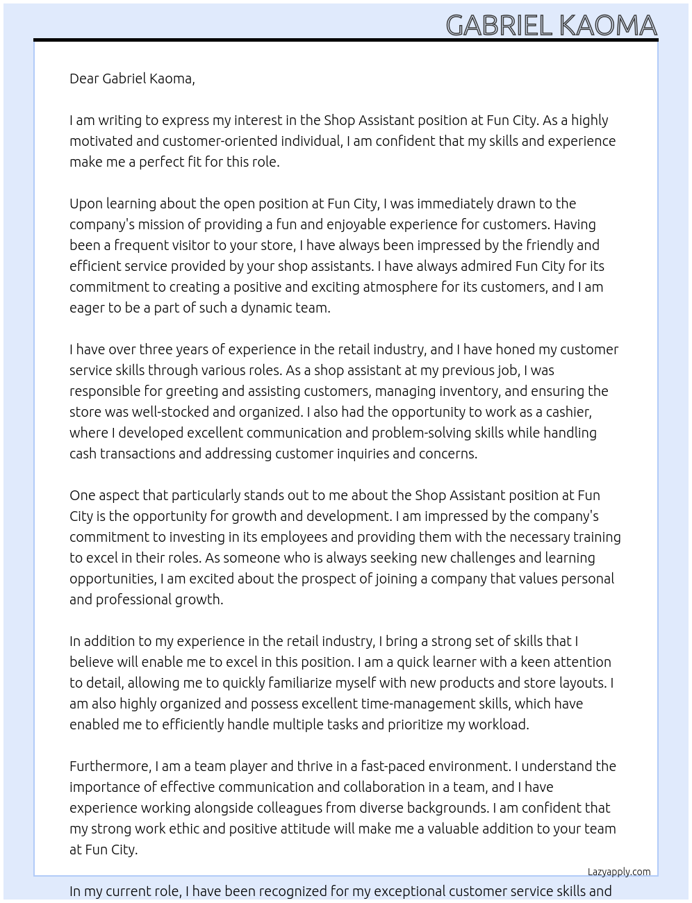 Shop Assistant At Fun city Cover Letter