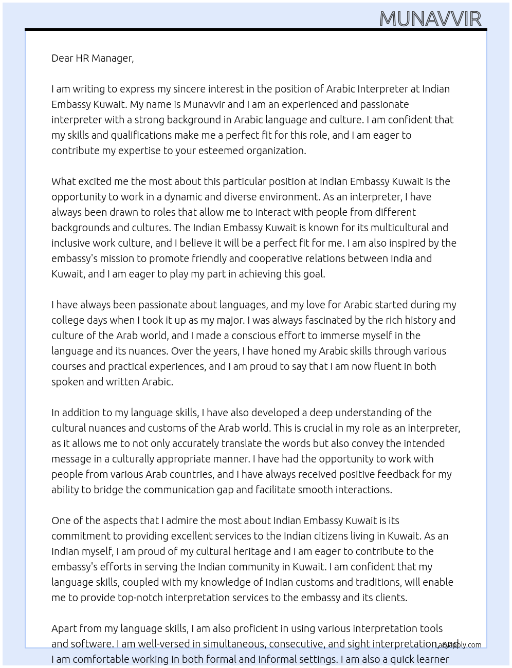 Arabic intrepreter  At Indian Embassy Kuwait  Cover Letter