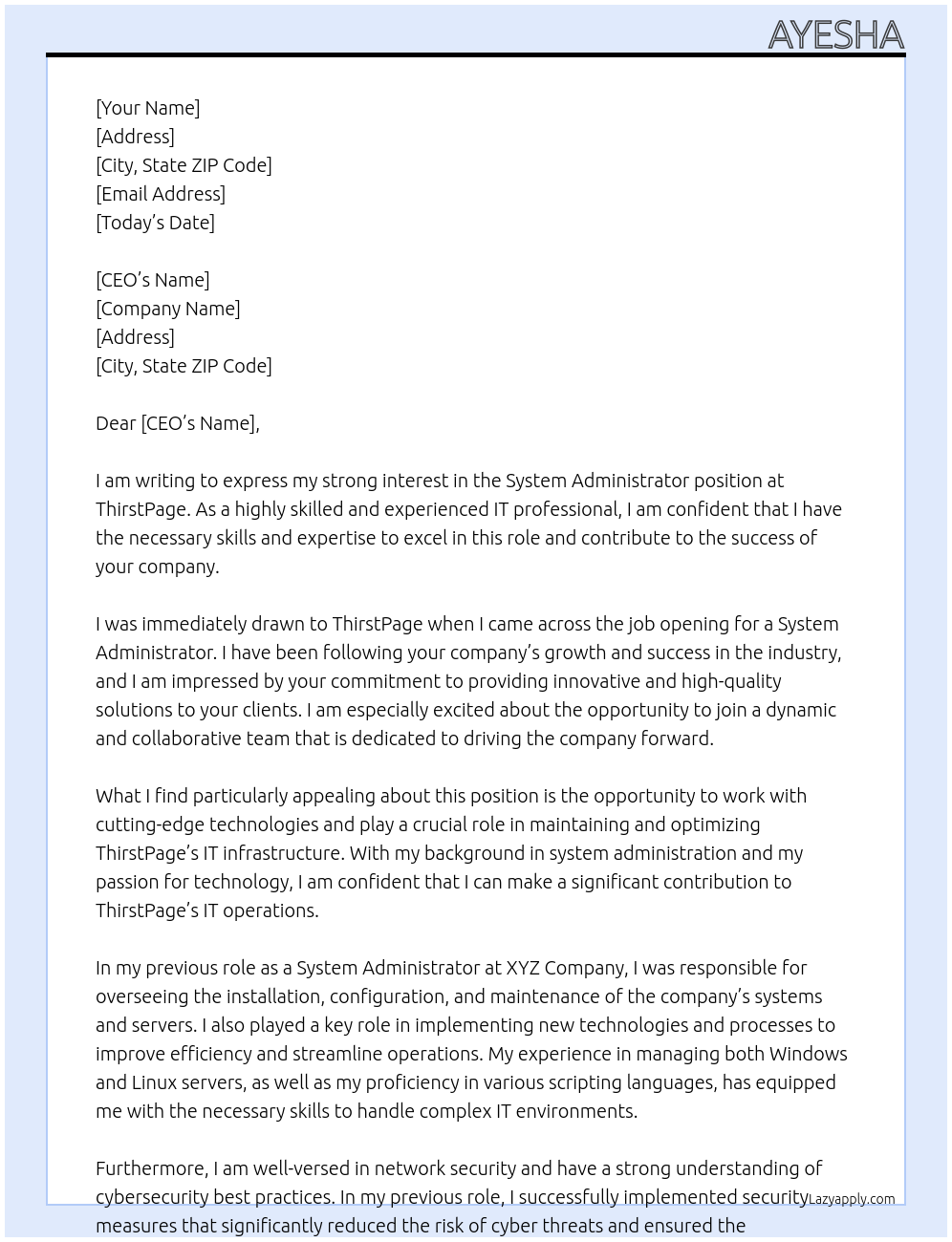 System administrator At ThirstPage Cover Letter