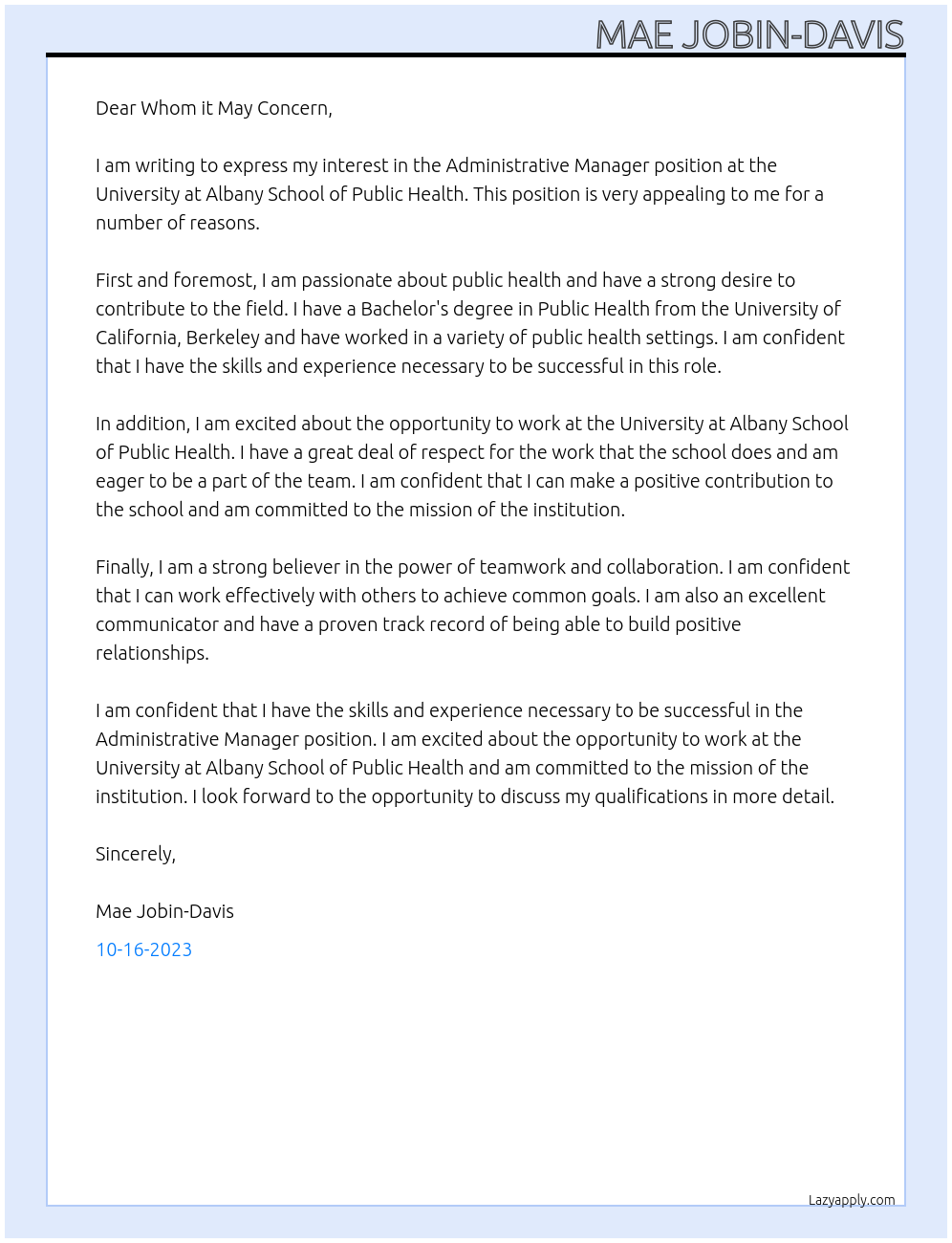 Administrative Manager At University at Albany School of Public Health Cover Letter