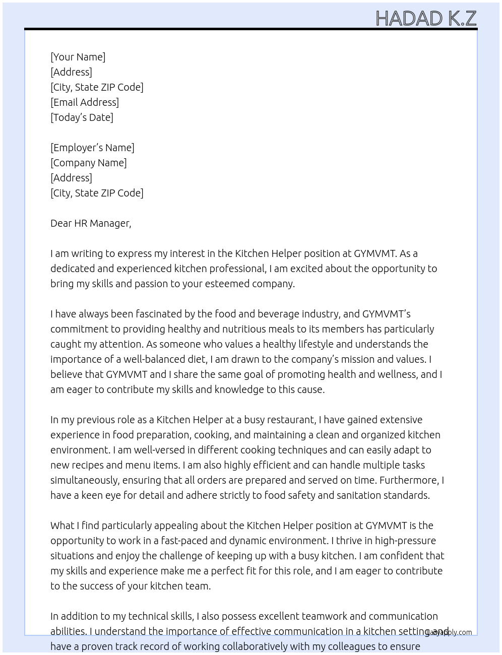 KITCHEN HELPER At GYMVMT Cover Letter