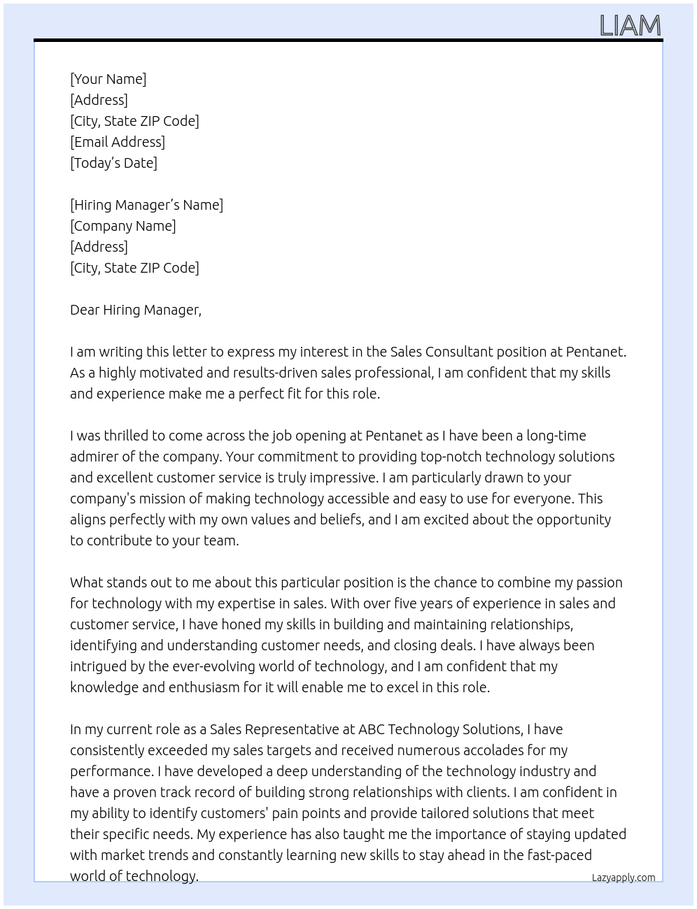 Sales consultant At Pentanet Cover Letter