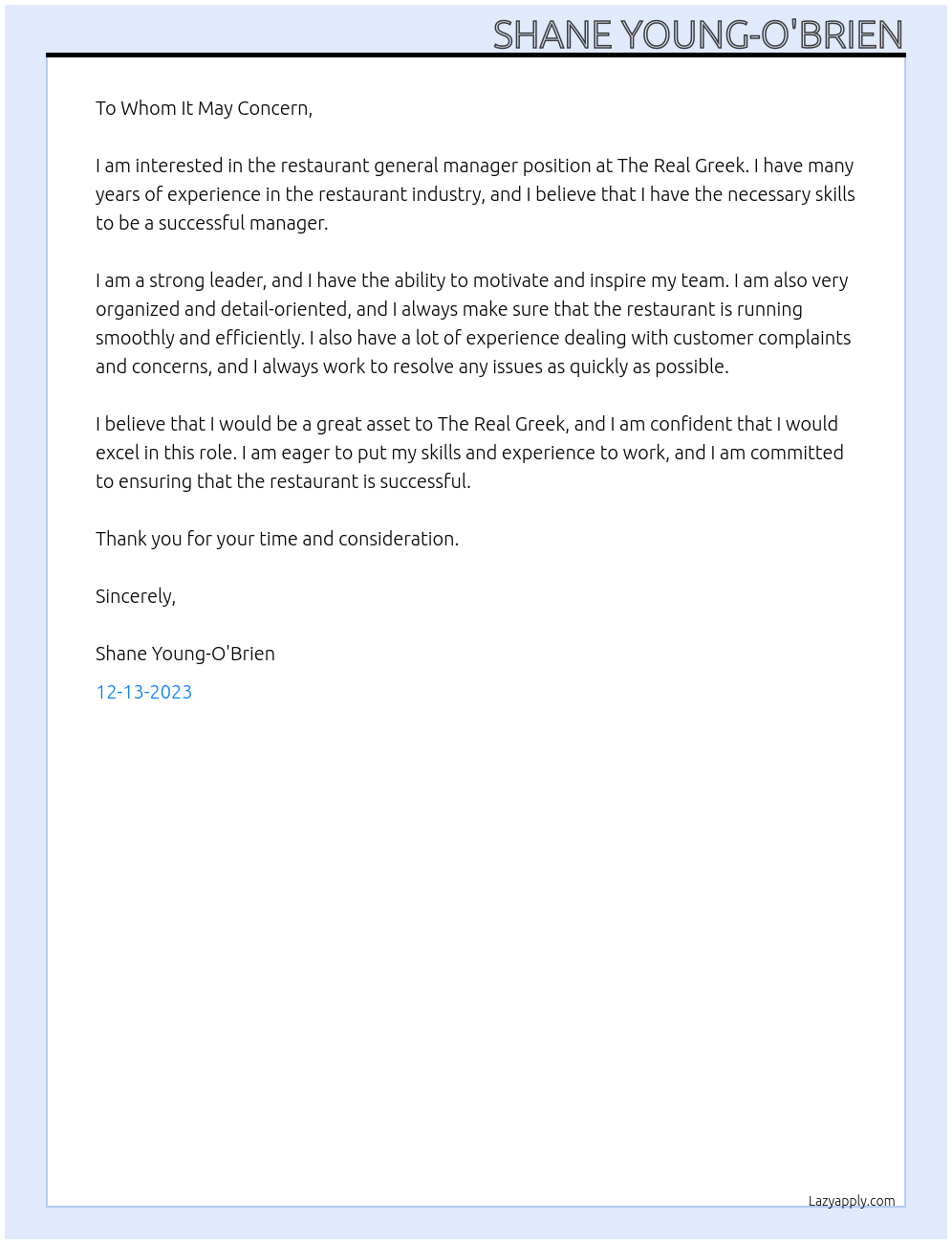 restaurant general manager  At the real greek  Cover Letter