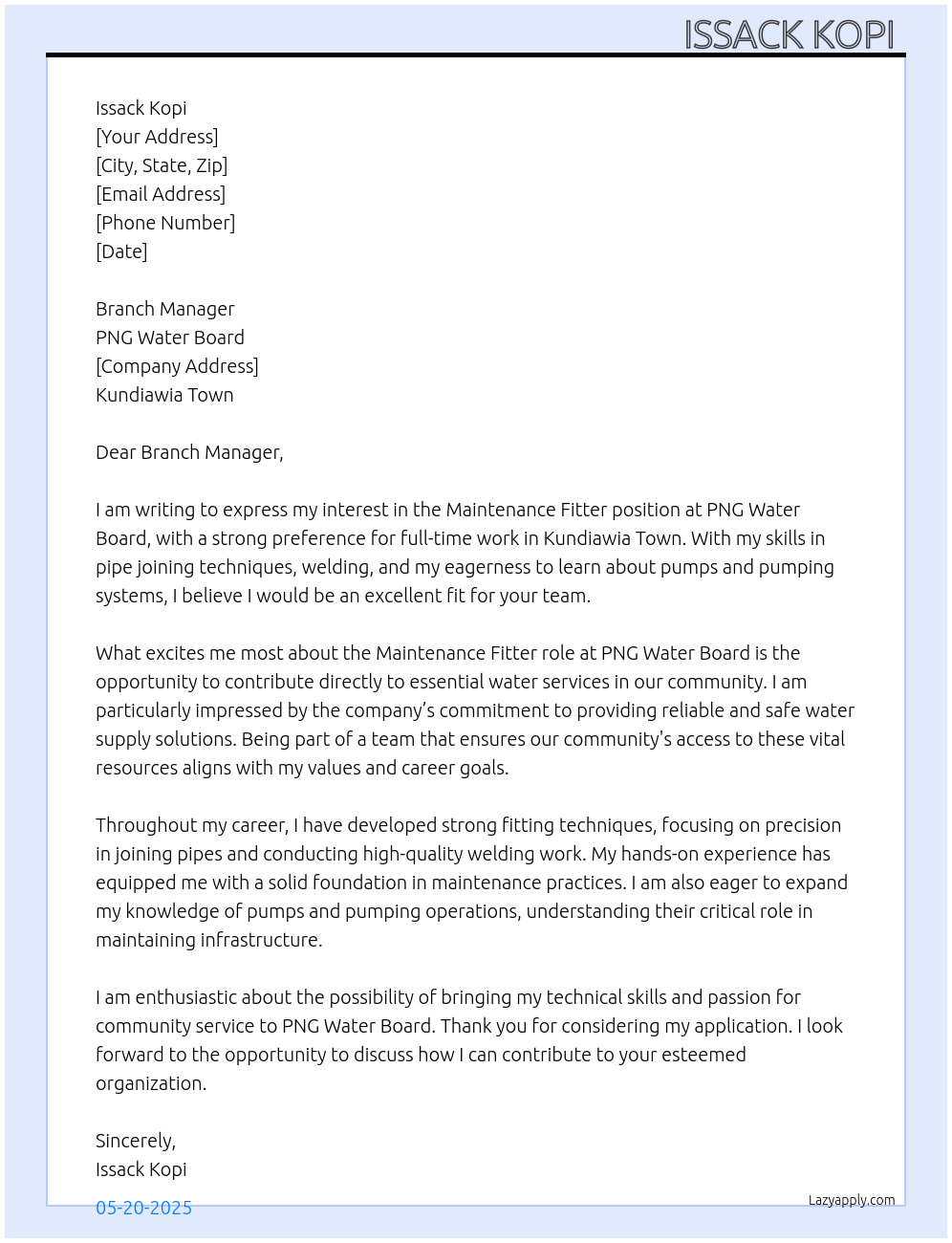 Maintenance Fitter At PNG Water board Cover Letter