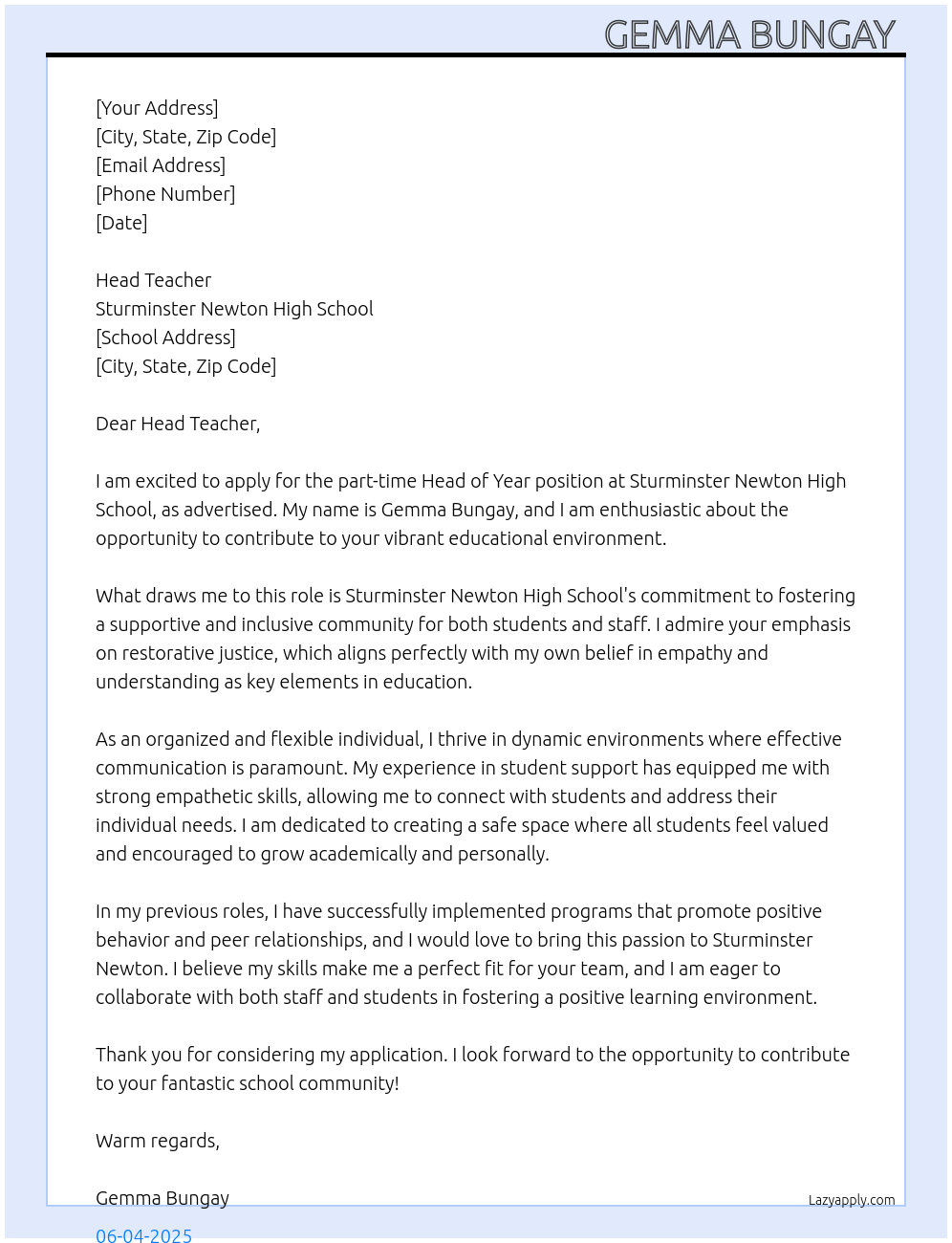 Head of Year  At Sturminster Newton High Scholl  Cover Letter