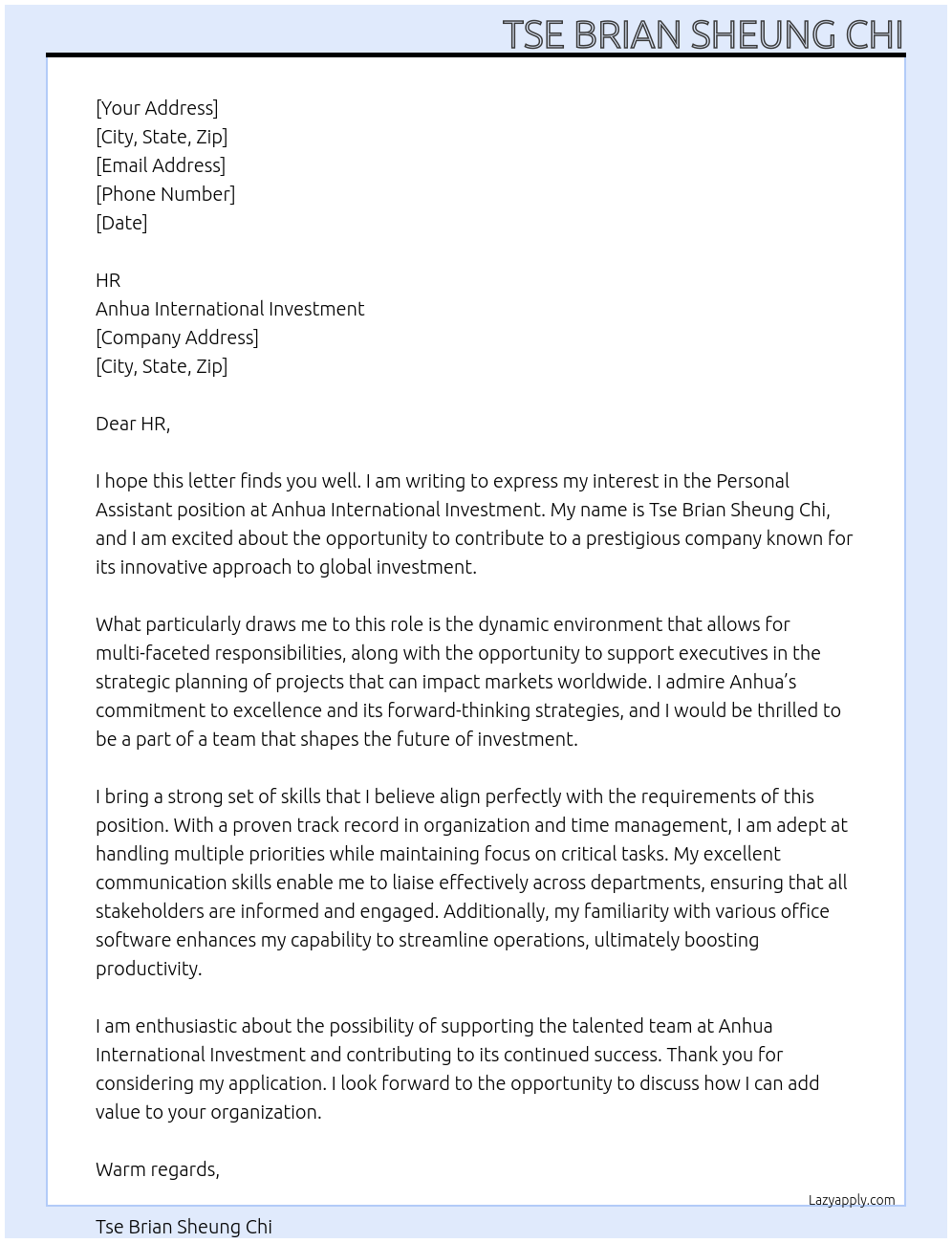 PERSONAL ASSISTANT At Anhua International Investment Cover Letter