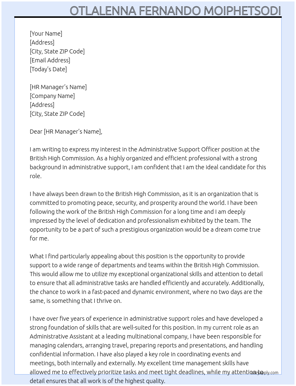 Administrative Support Officer At British High Commission Cover Letter