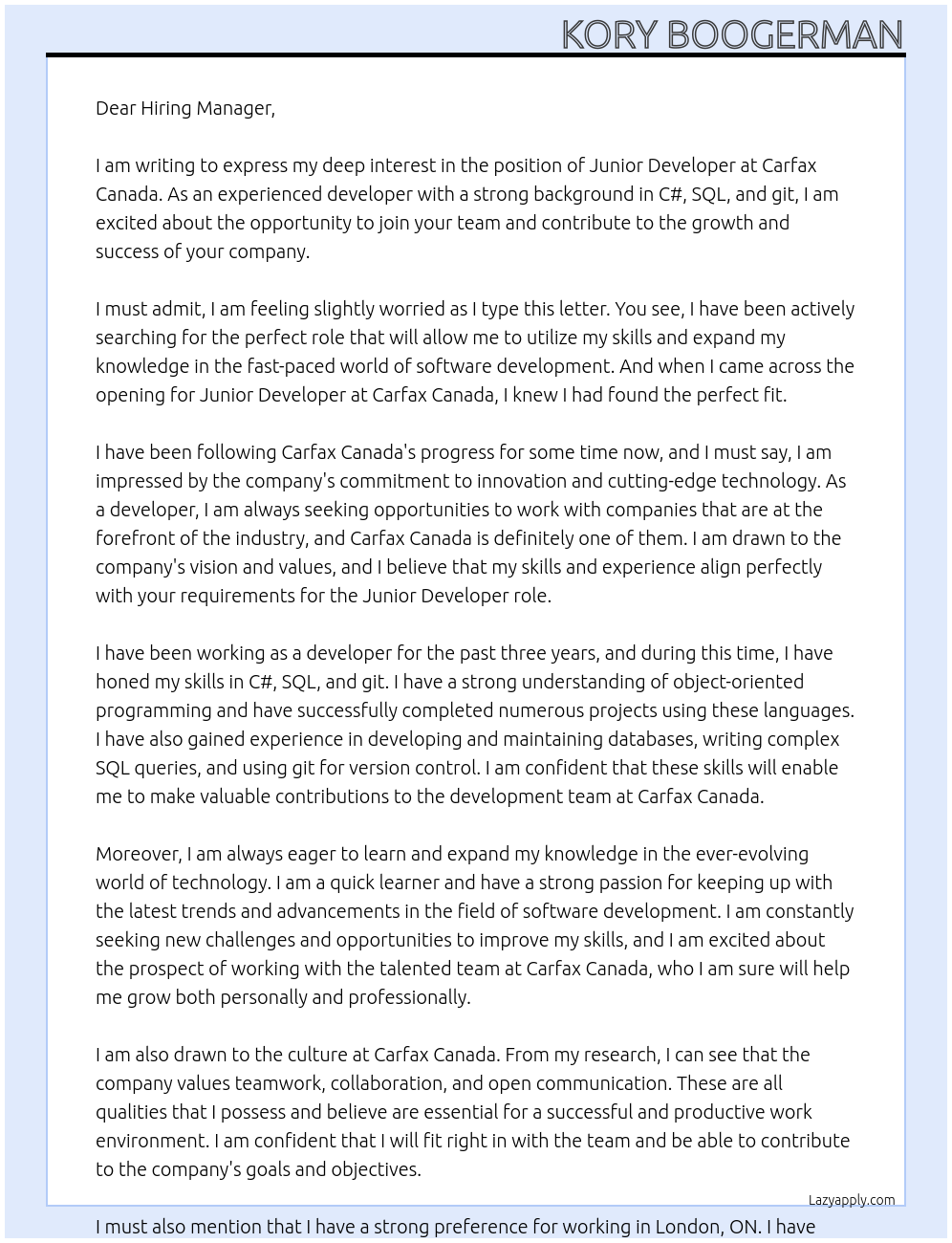 Junior Developer At Carfax Canada Cover Letter