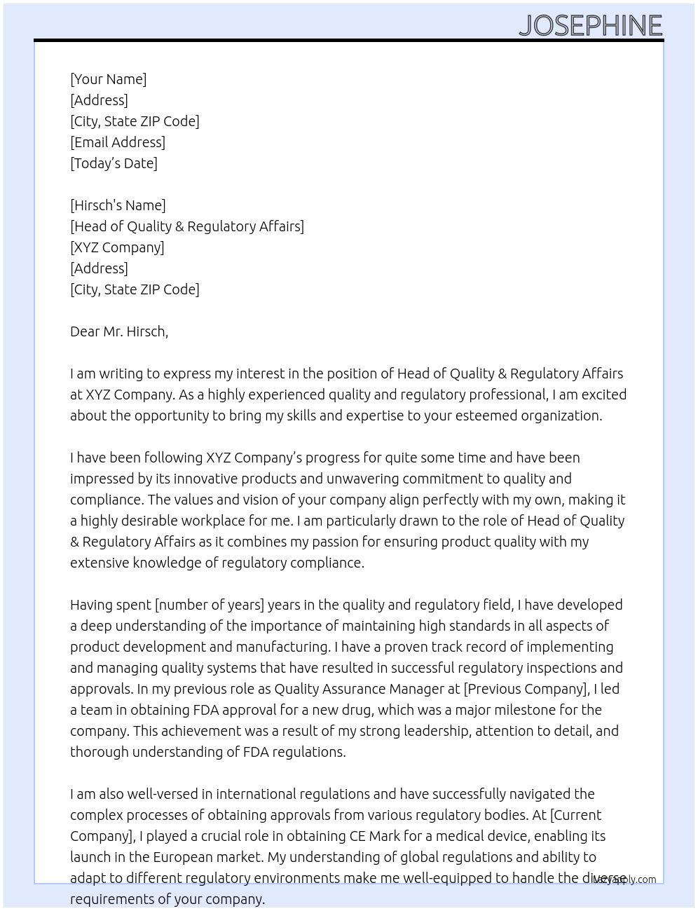 Cover letter for head of quality & regulatory affairs - LazyApply