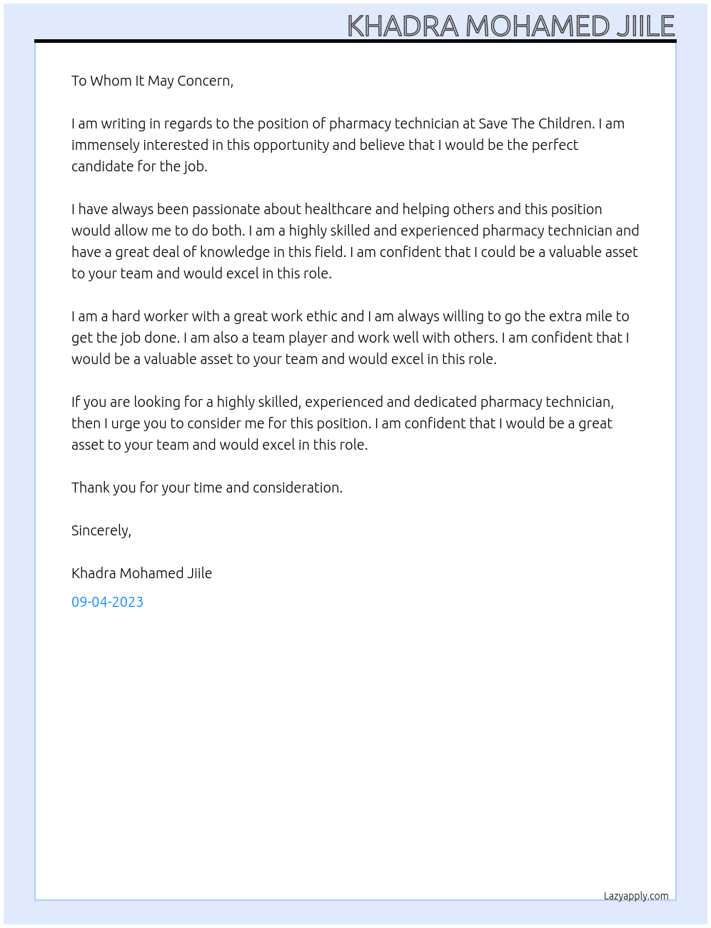 Pharmacy Technician  At Save The Children  Cover Letter