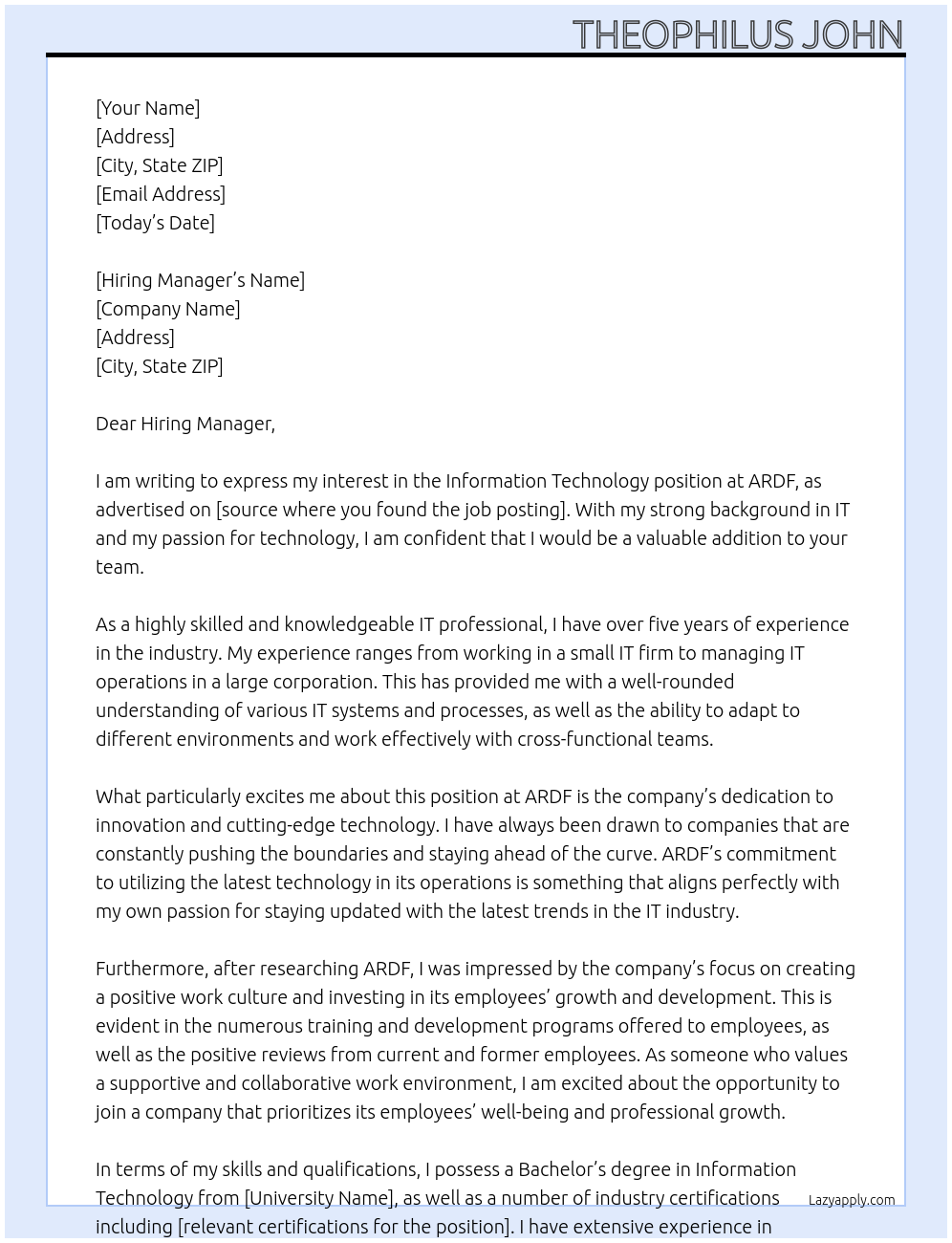 INFORMATION TECHNOLOGY At ARDF Cover Letter