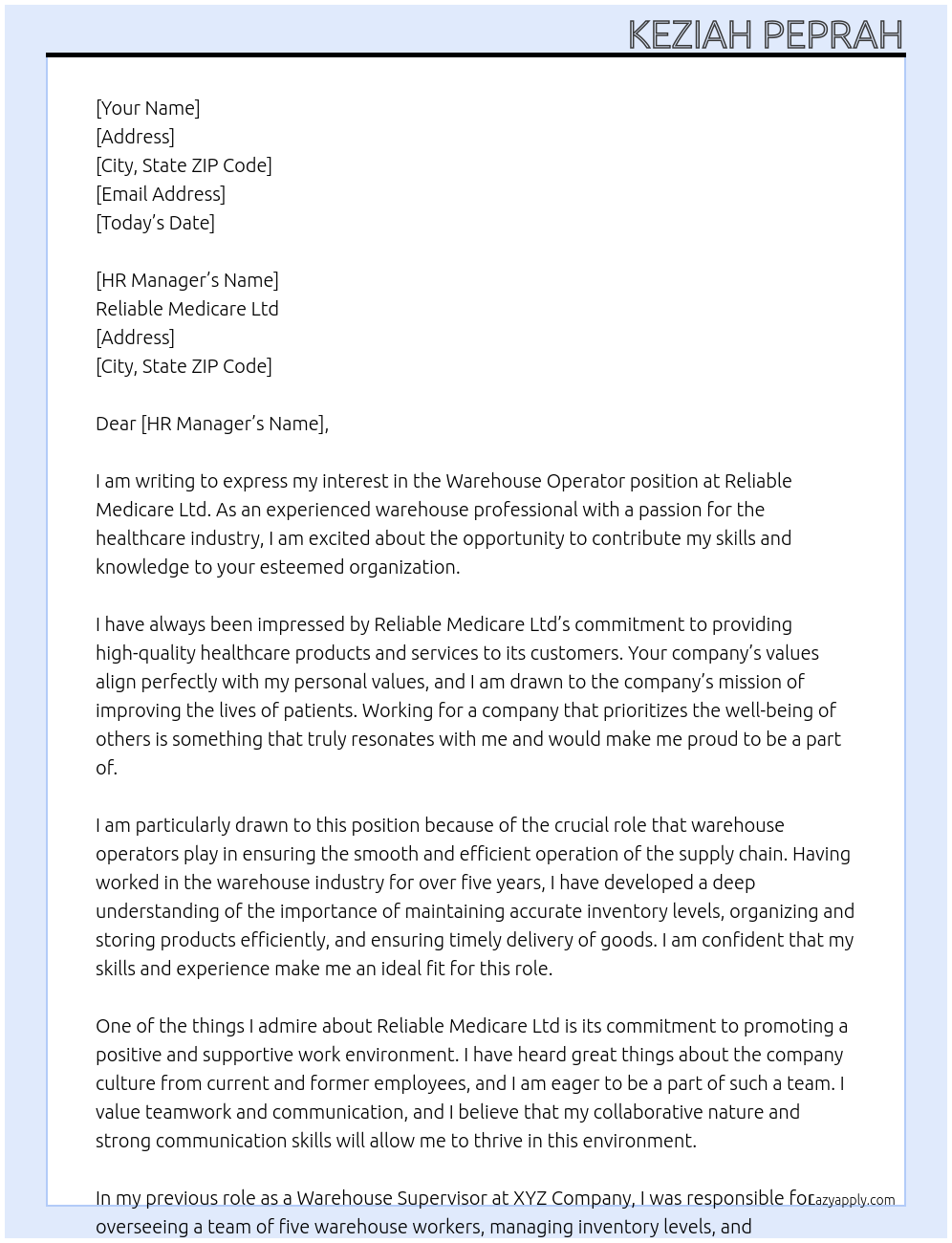 Warehouse Operator At Reliable Medicare Ltd Cover Letter