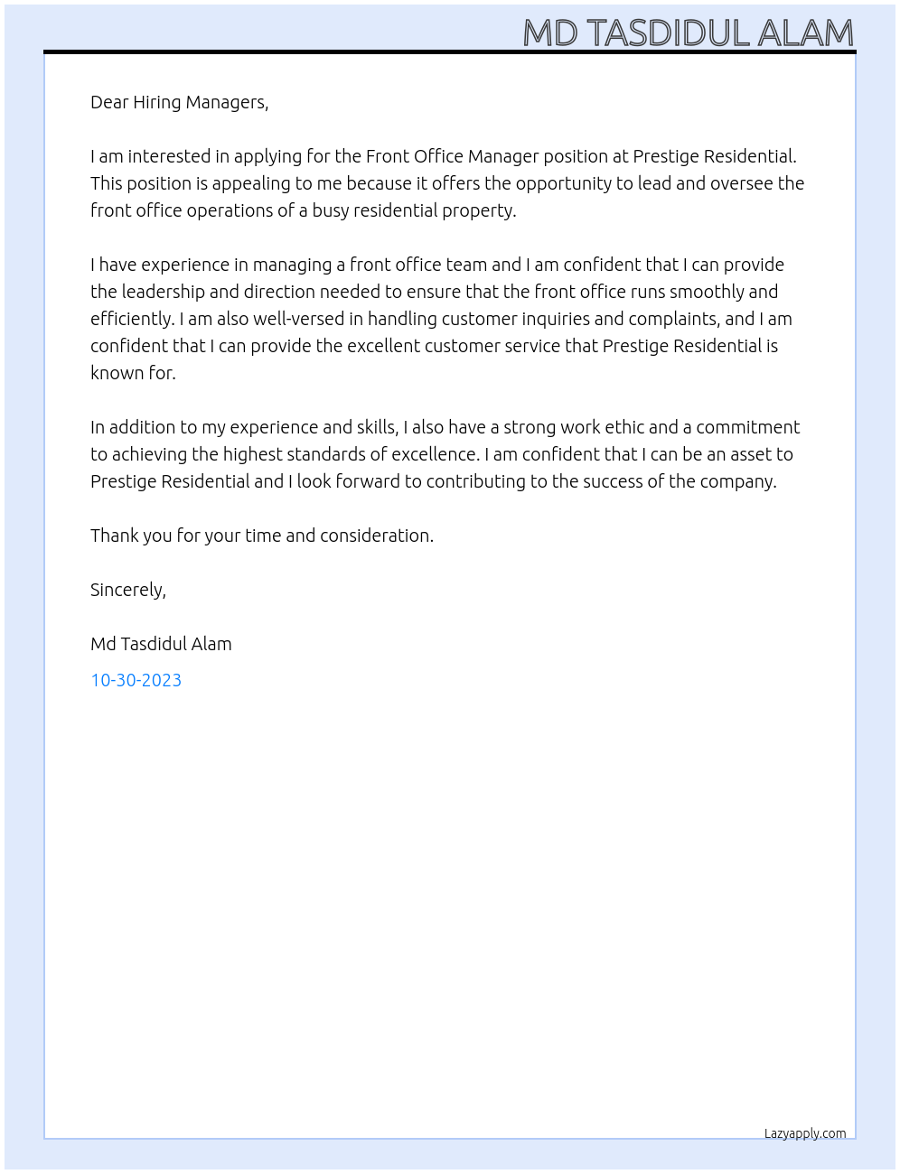 Front Office Manager At Prestige Residential Cover Letter