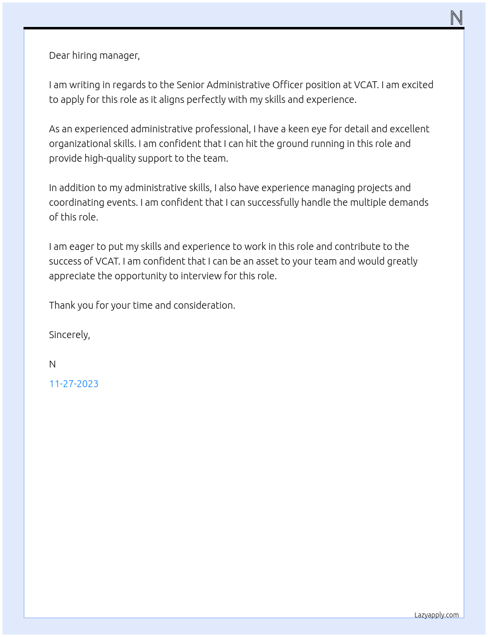 Senior Administrative Officer At VCAT Cover Letter