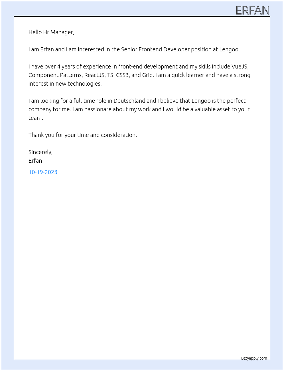 Senior Frontend Developer At Lengoo Cover Letter
