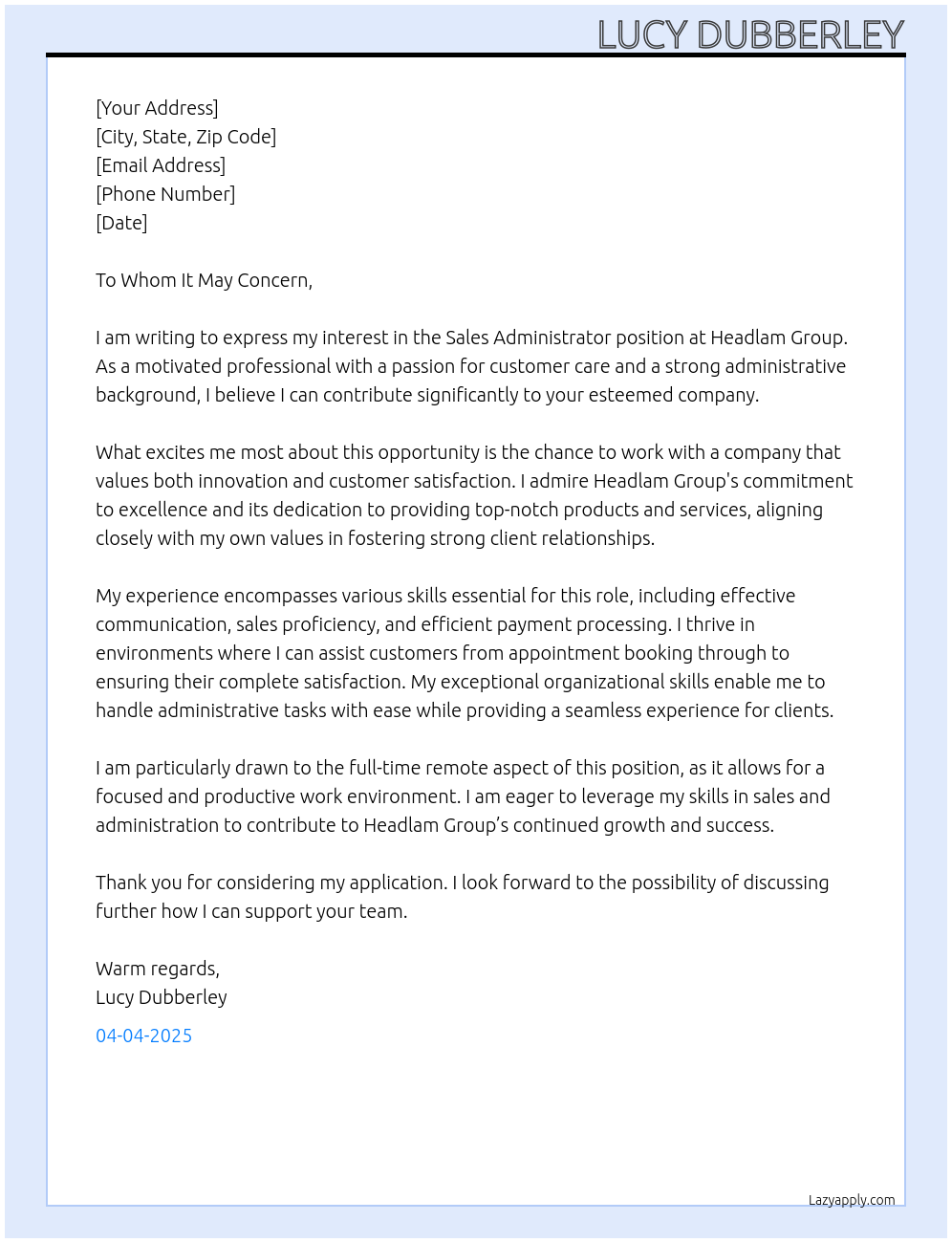 Sales administrator At Headlam group Cover Letter