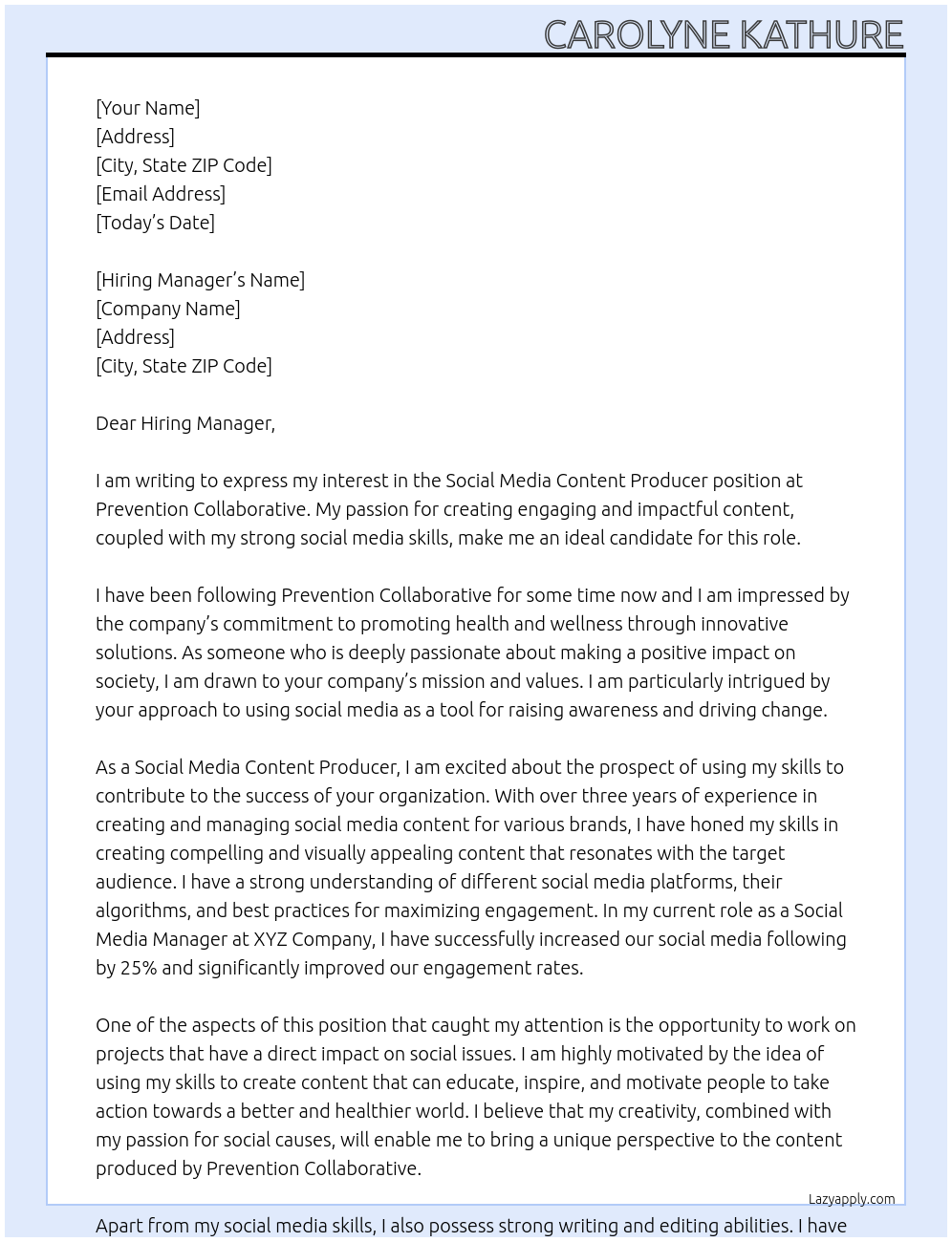 Social Media content Producer At Prevention Collaborative Cover Letter