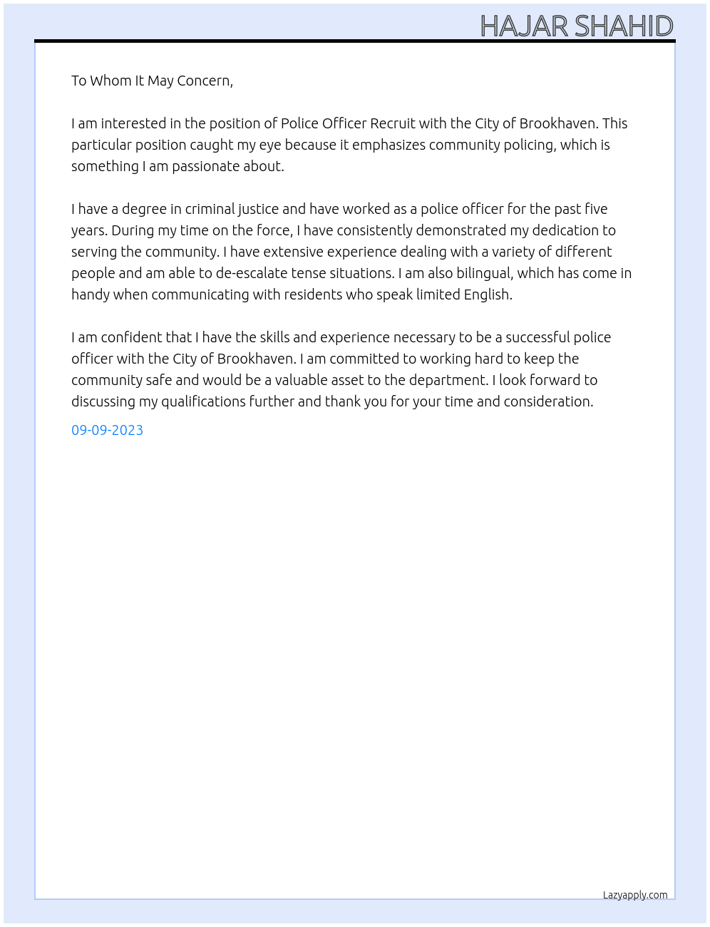 Police Officer Recruit  At City of Brookhaven  Cover Letter
