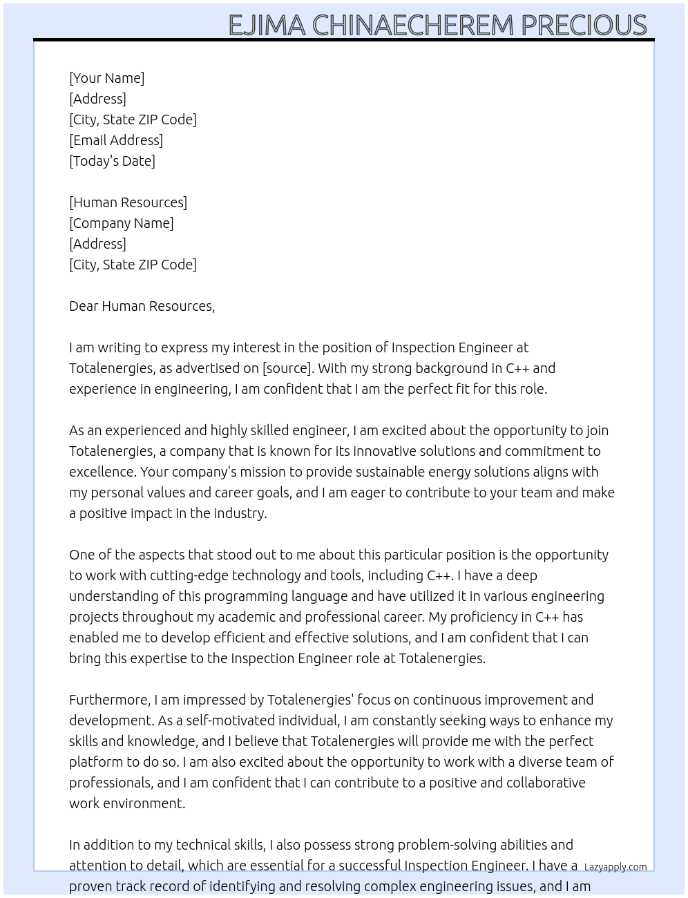 Inspection Engineer At Totalenergies Cover Letter