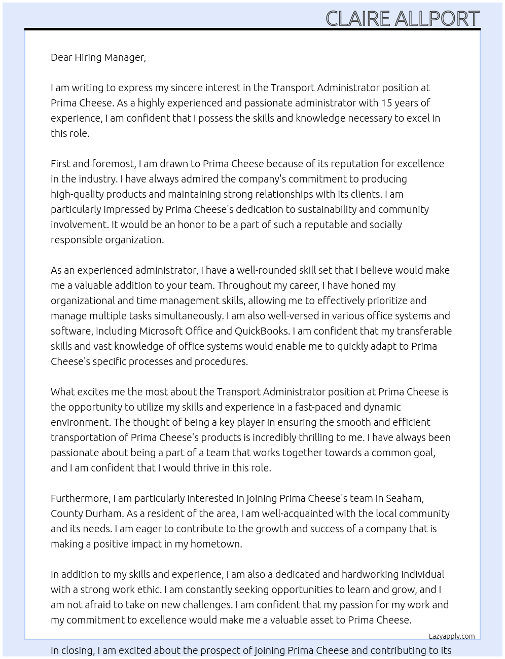 Transport Administrator  At Prima Cheese Cover Letter
