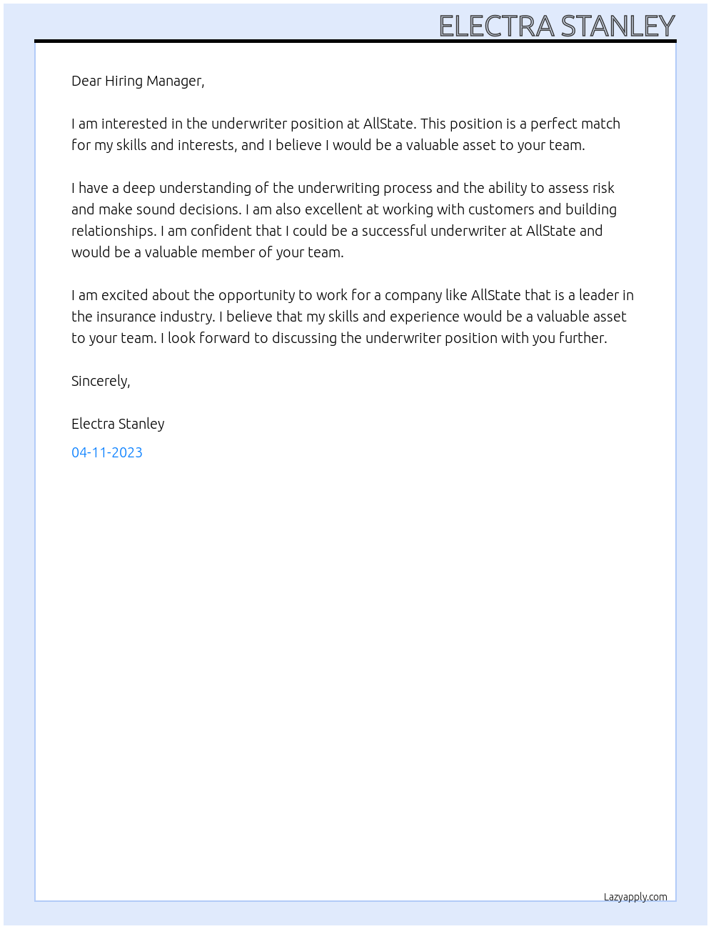 Underwriter At AllState Cover Letter