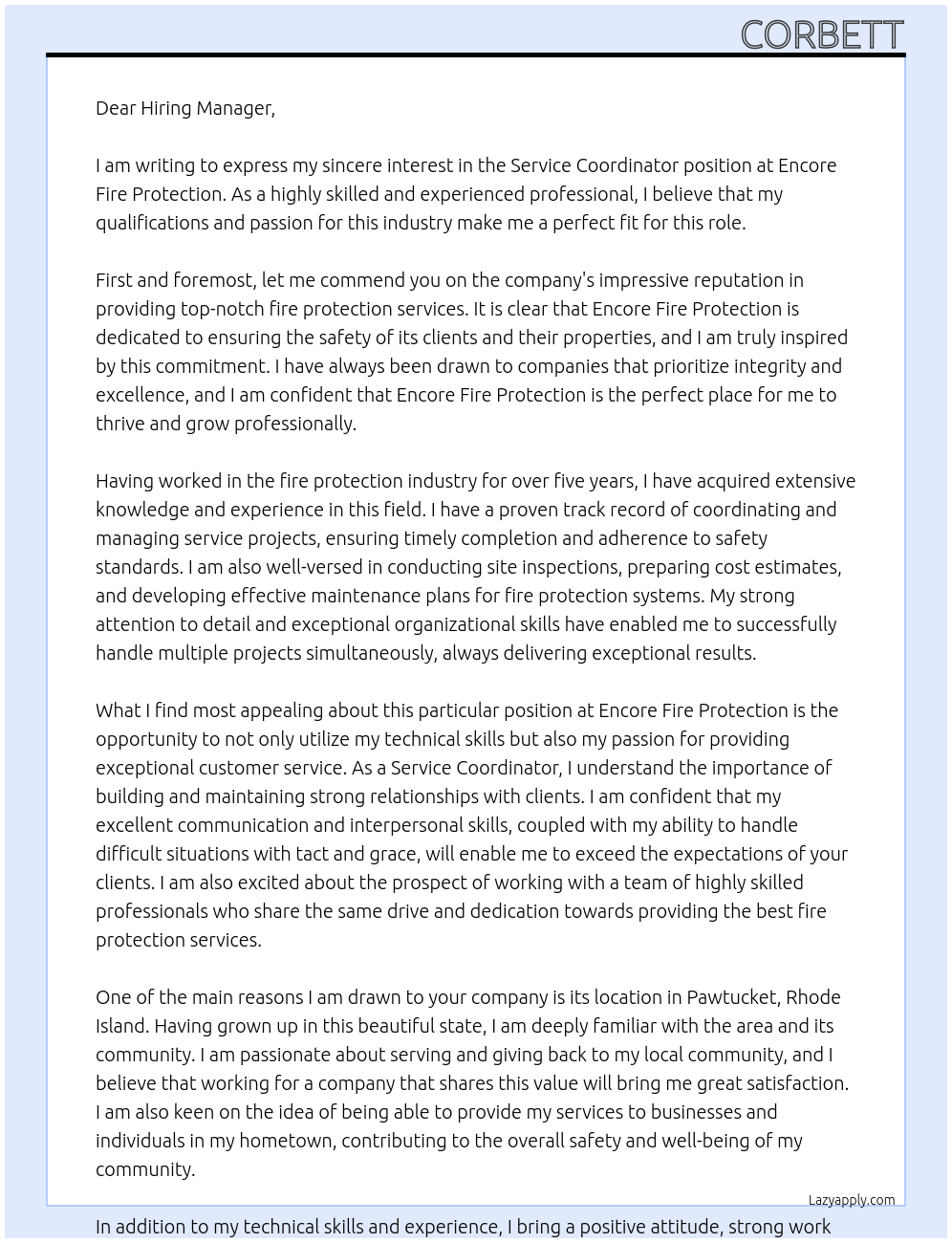 Service Coordinator At Encore Fire Protection Cover Letter