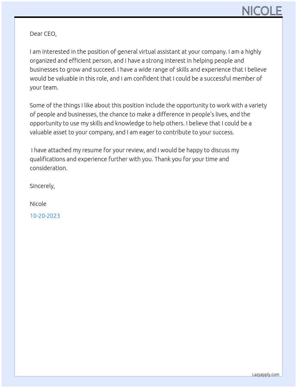 general virtual assistant At appointment setter Cover Letter