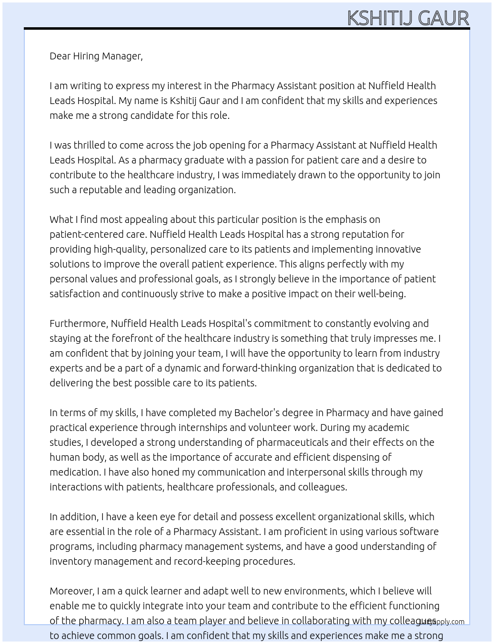 Pharmacy Assistant At Nuffield Health Leads Hospital Cover Letter