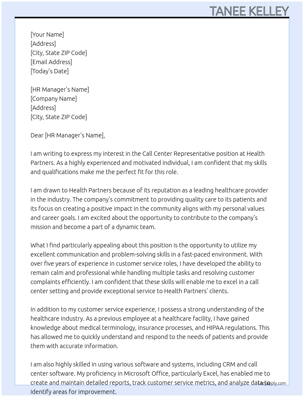Call Center Representative At Health Partners Cover Letter