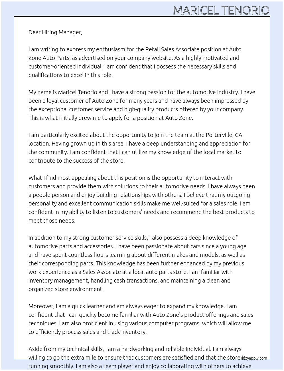 Retail Sales Associate At Auto Zone Auto Parts Cover Letter