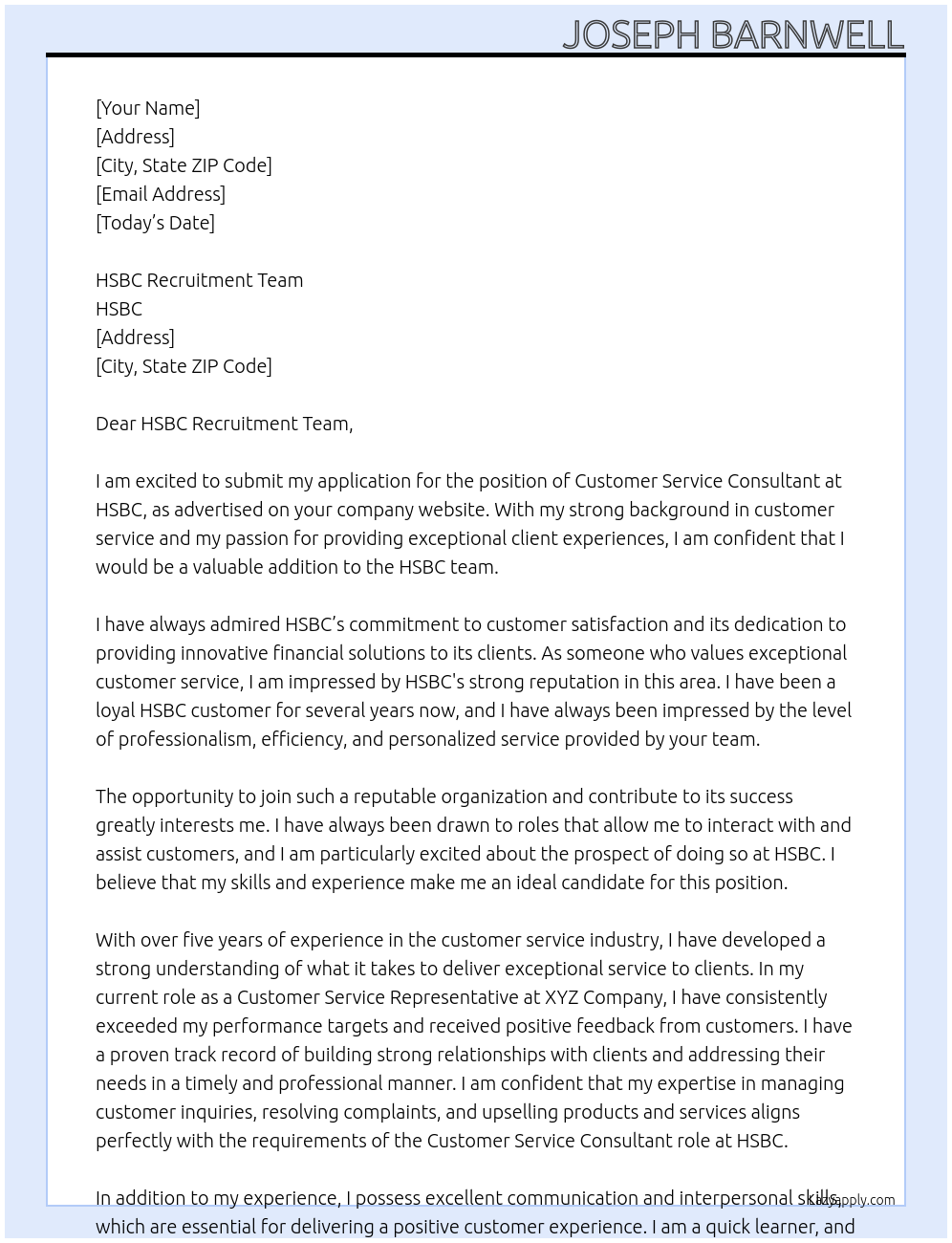 Customer Service Consultant  At HSBC Cover Letter