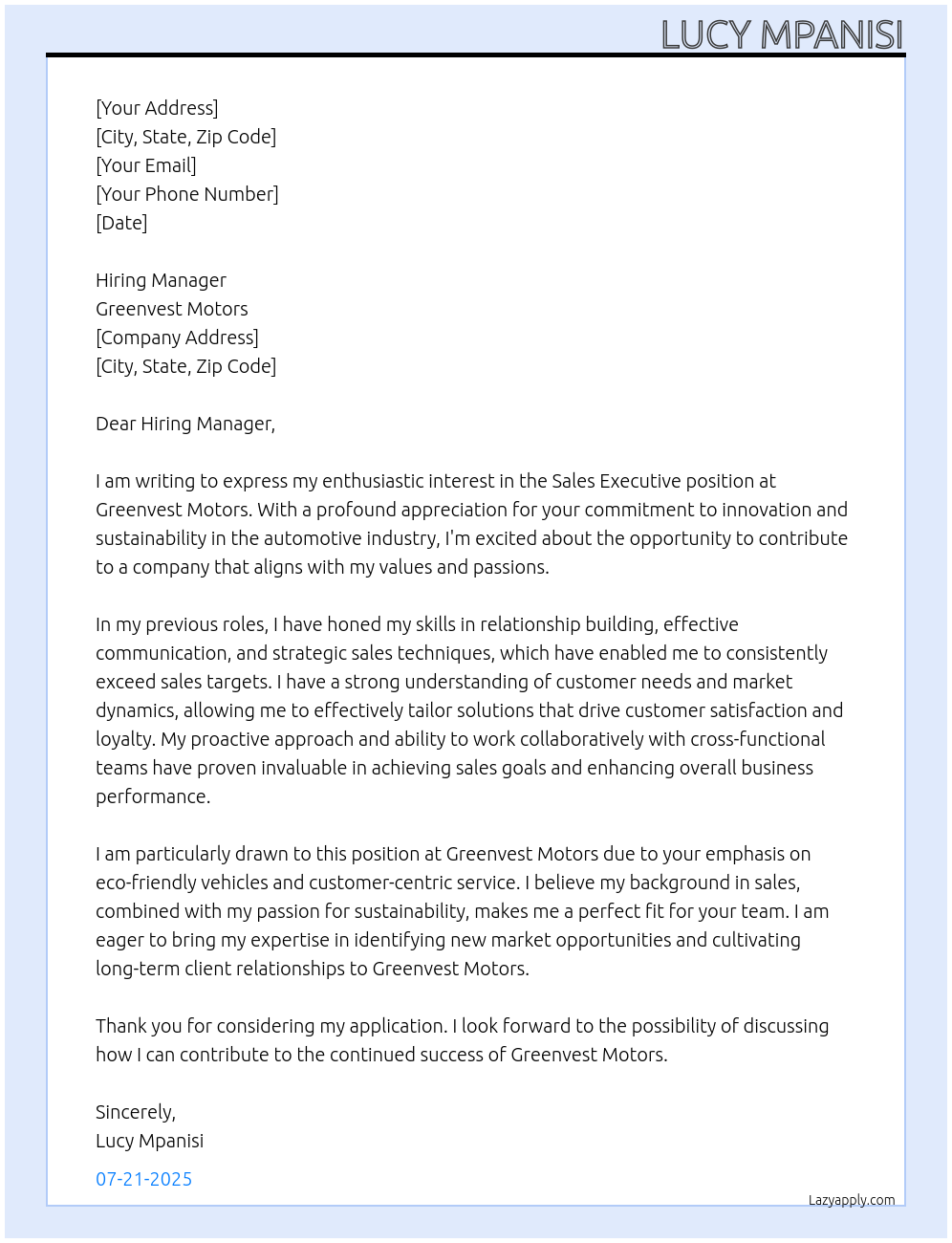 Sales executive  At Greenvest motors Cover Letter