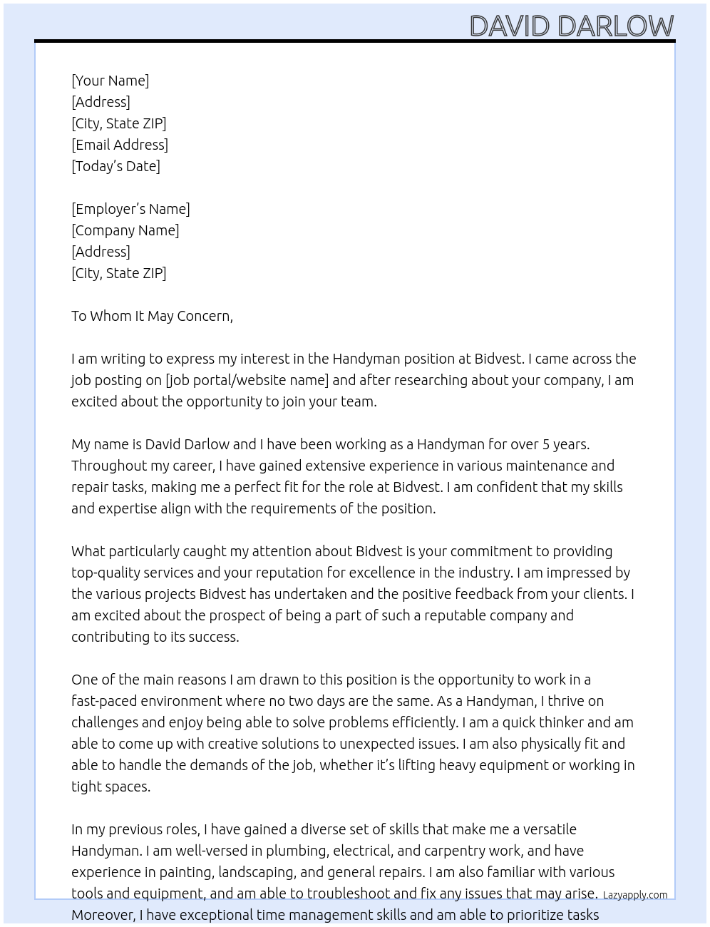 Handyman At Bidvest Cover Letter