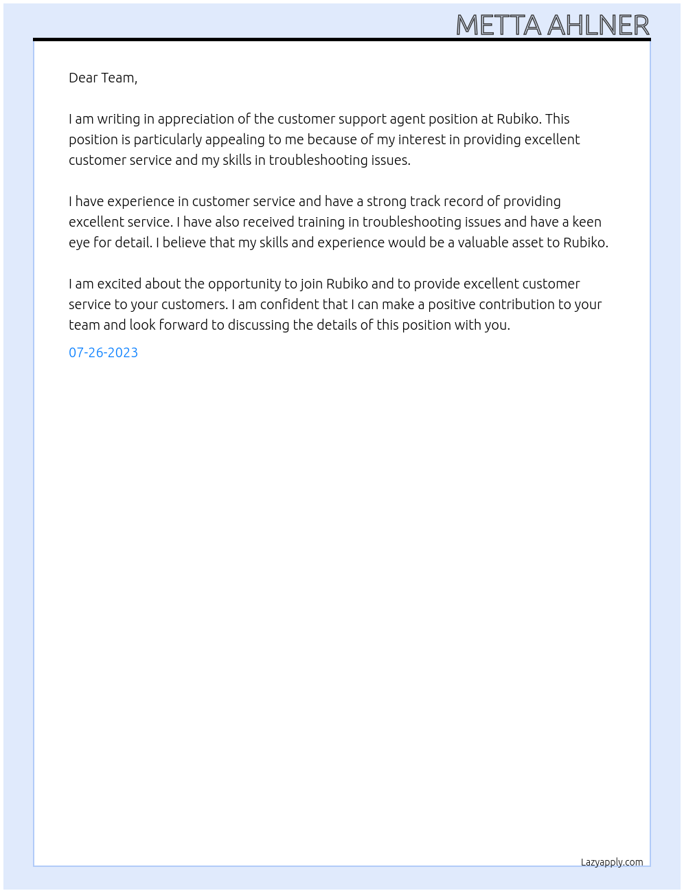 Customer support agent At Rubiko Cover Letter
