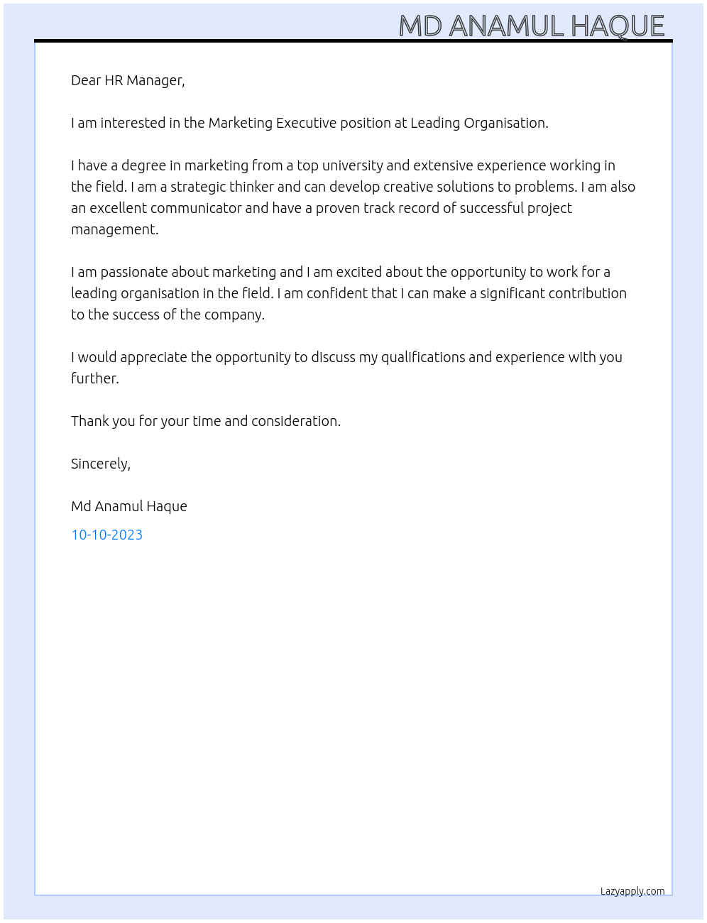 Marketing Executive  At Leading Organisation  Cover Letter