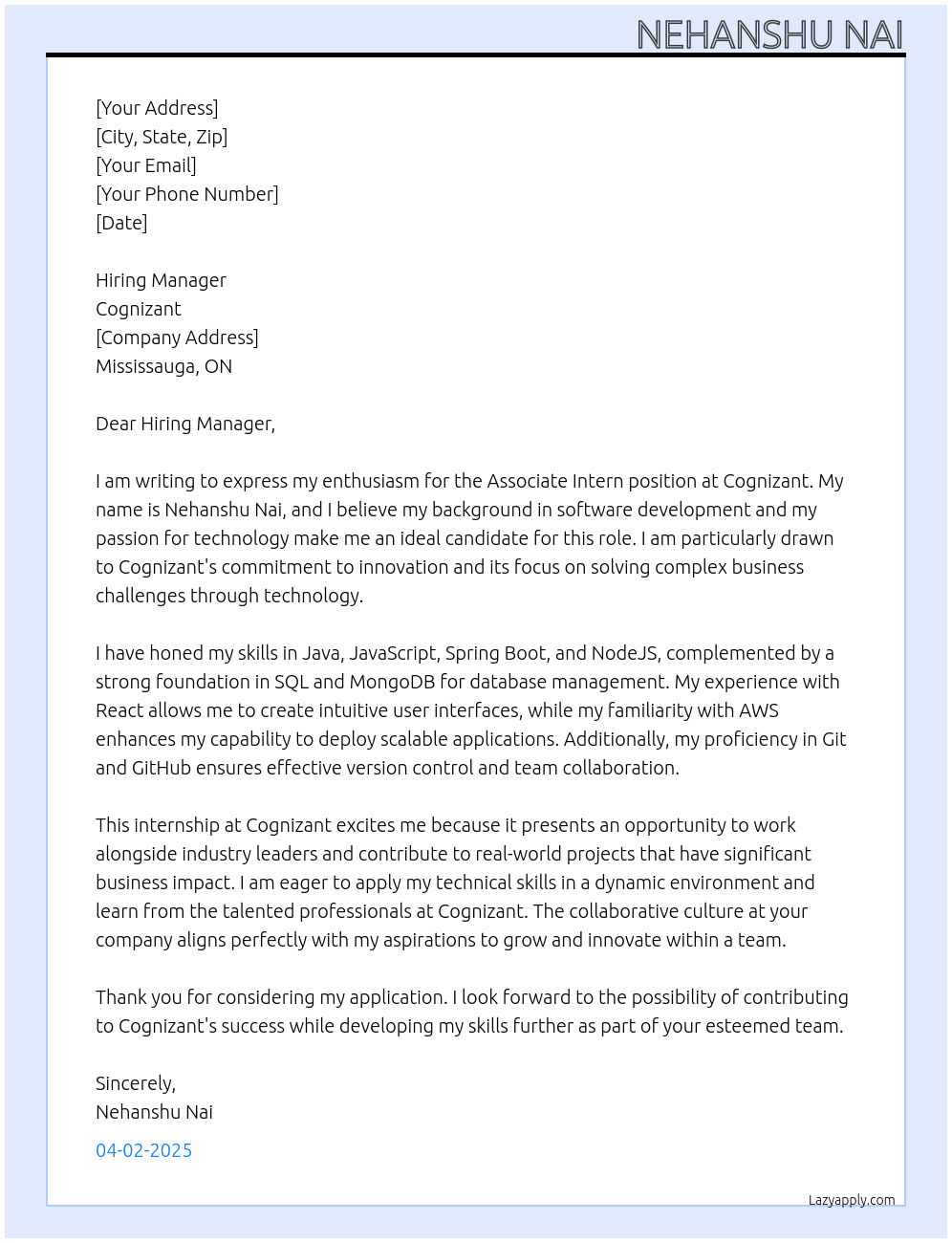 Cover letter for associate intern - LazyApply