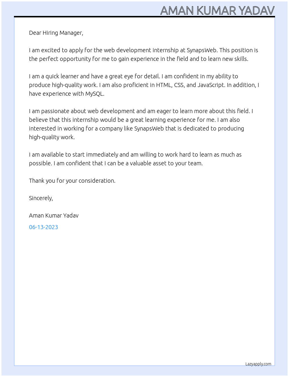 Web development At SynapsWeb Cover Letter