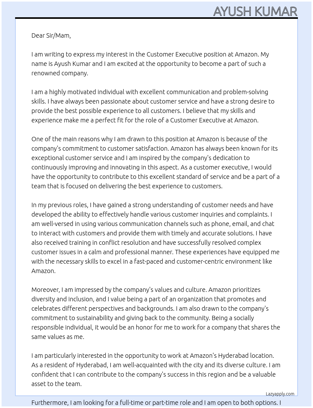 Customer executive  At Amazon Cover Letter